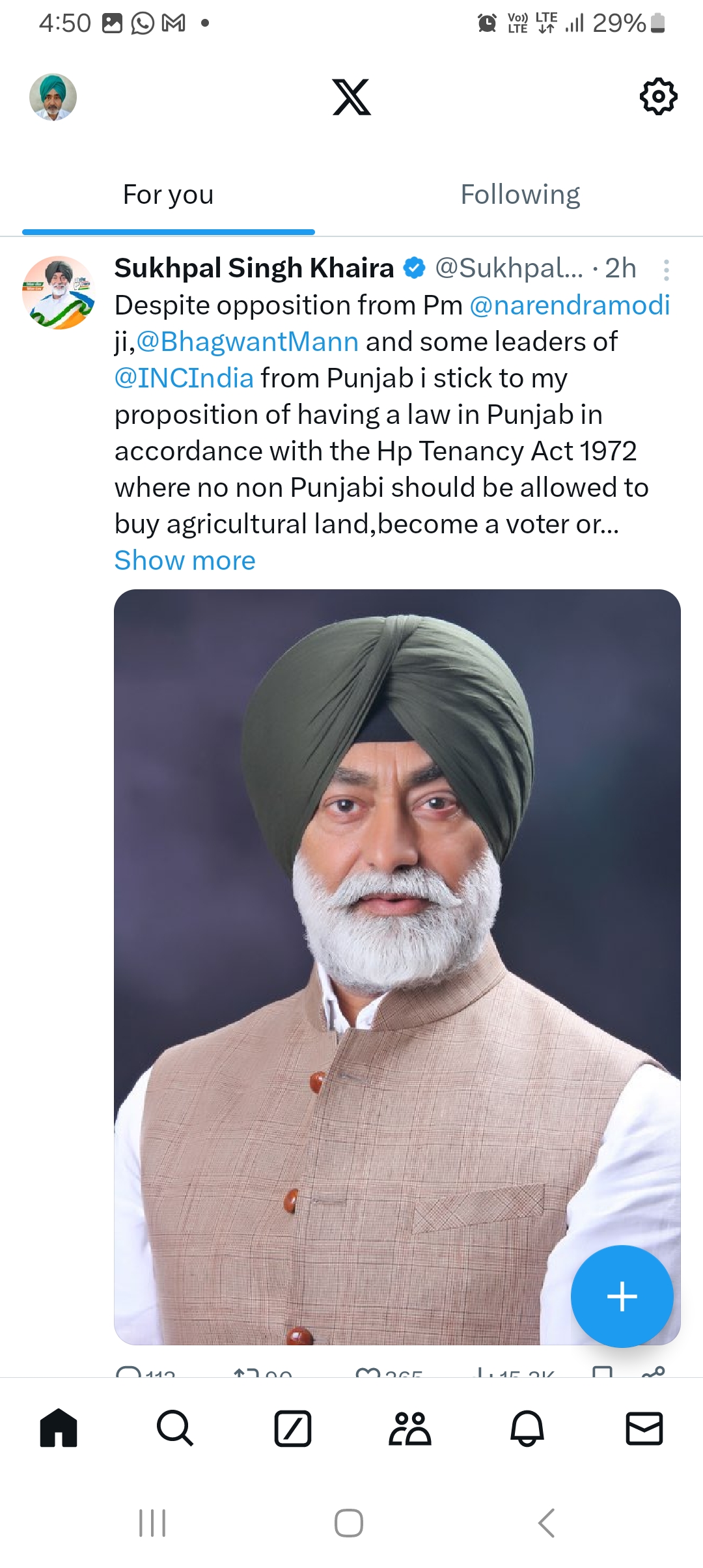 Khaira sticks to his demand of Punjab Tenancy act in accordance with HP Tenancy act 1972,Punjabis would run into a minority in their own state,'he says.