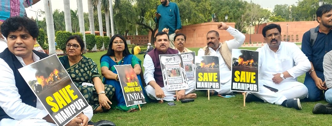 MP Sushil stages protest against Mani Pur violence outside Parliament