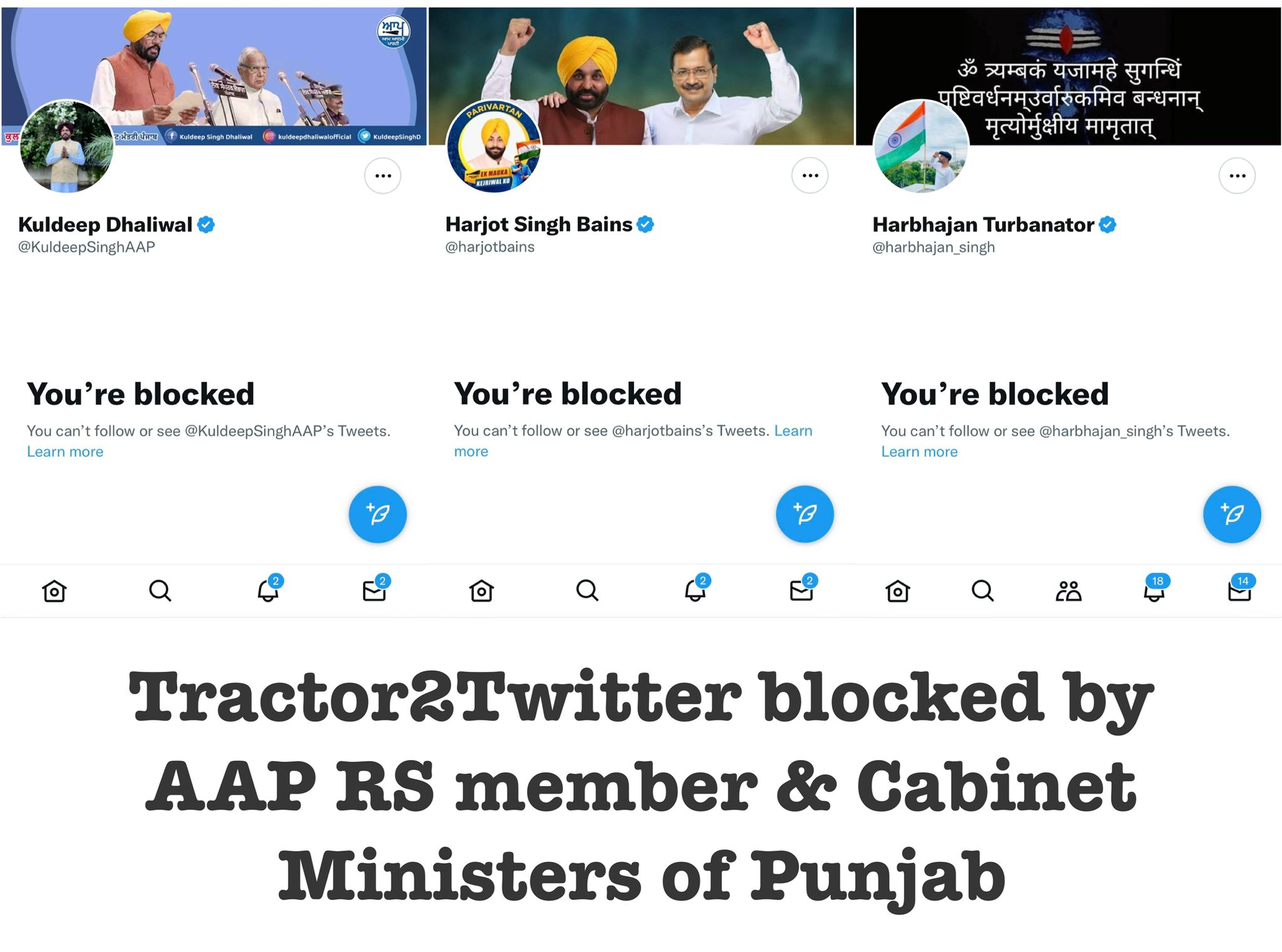 Zira agitation: Cabinet Ministers Kuldeep Dhaliwal and Harjot Bains block Tractor 2 twitter account-alleges the team operating it